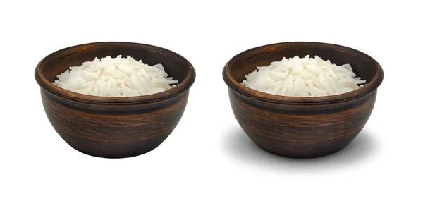 Riz Blanc Bouilli Dans Bol Argile Simple Sur Fond Blanc — Photo