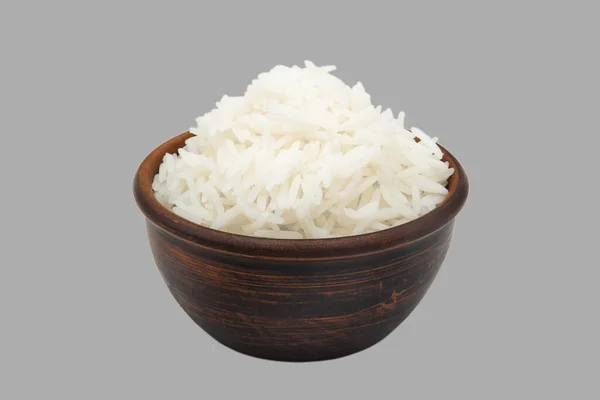 Gekookte Witte Rijst Eenvoudige Klei Kom Geïsoleerd Grijze Achtergrond — Stockfoto