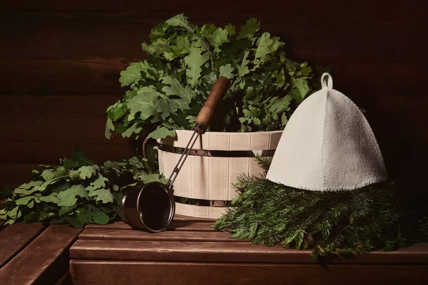 Interior Traditional Steam Sauna Banya Wooden Tub Water Ladle Hat — Stock Photo, Image