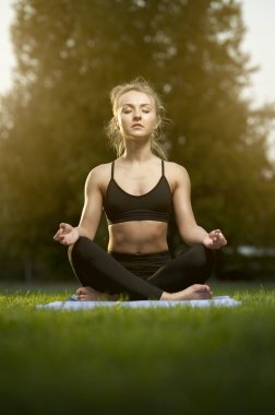 Pratik Yoga çimenlerin üzerinde ince çekici kadın