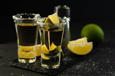Limon dilimleri ve tuzlu Meksika Altın Tekilası.