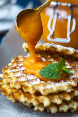 Trabzon hurması reçel kavanoz ile kagit üzerinde gofret