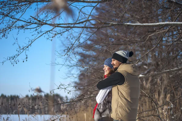 Par hålla varandras händer, går vintern på väg, njuta av en promenad. Man och hustru kommer hålla händerna på vintern. — Stockfoto