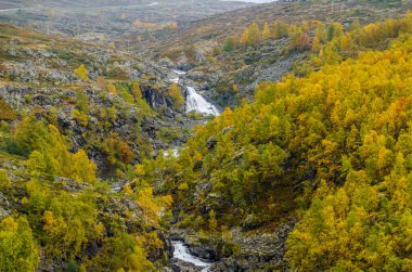 Norveç 'te sonbahar zamanı dağ ve dağlık arazi