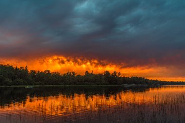 Grundy Lake Park, Kanada 'da orman gölü üzerinde gün batımı