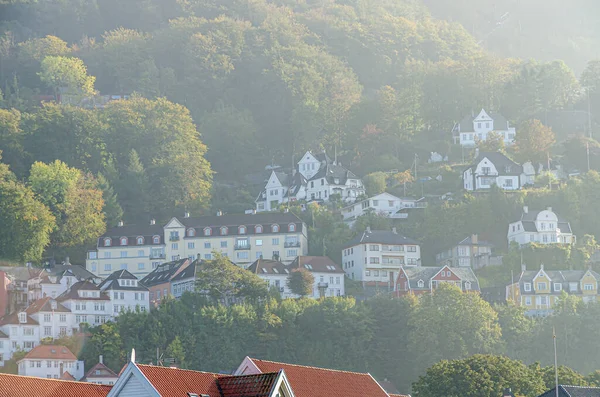 Małe Domki Wzgórzach Wokół Portu Bergen Norwegia — Zdjęcie stockowe