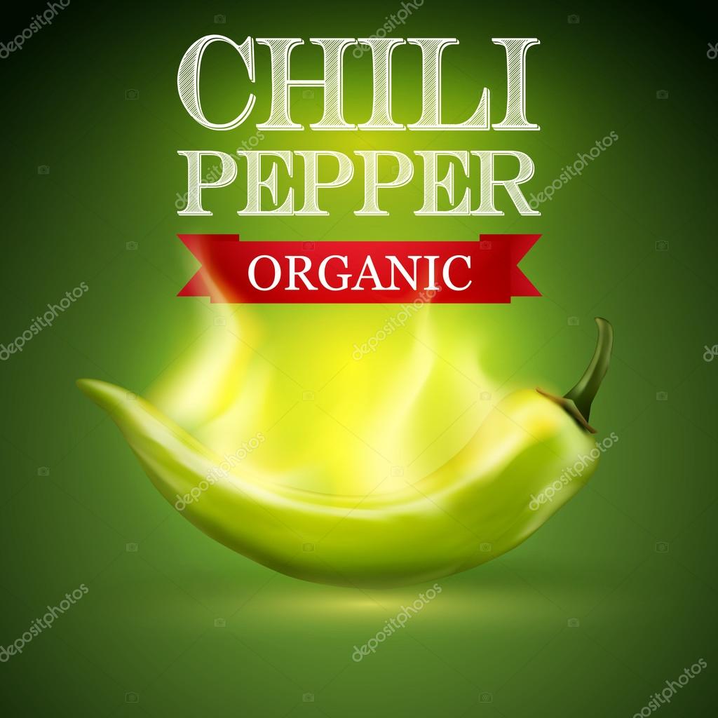 Green burning chili pepper on a green background, vector illustration