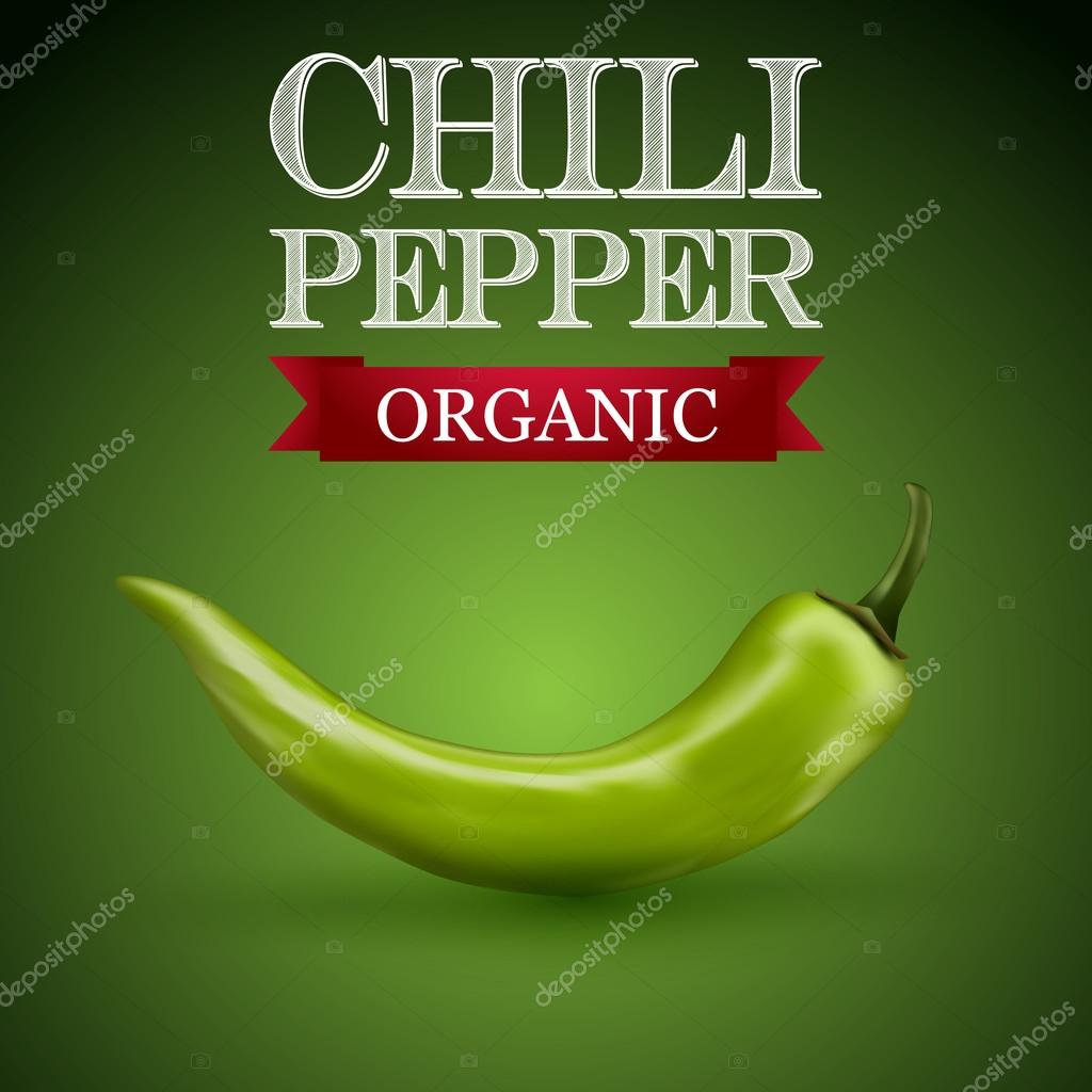 Green chili pepper with a logo on a green background. Vector illustration.