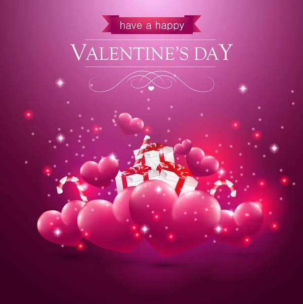Carte de Saint-Valentin avec des coeurs présents et scintillants — Image vectorielle