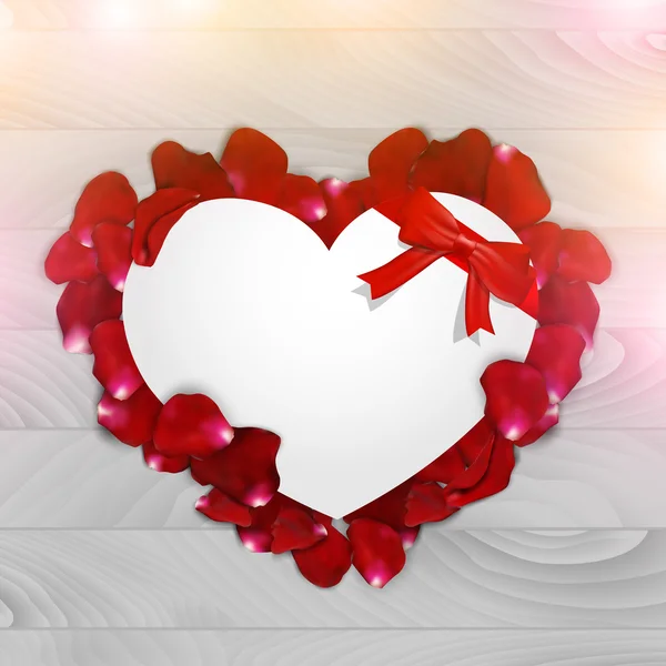 Coeur en papier avec pétales de rose sur un fond en bois — Image vectorielle