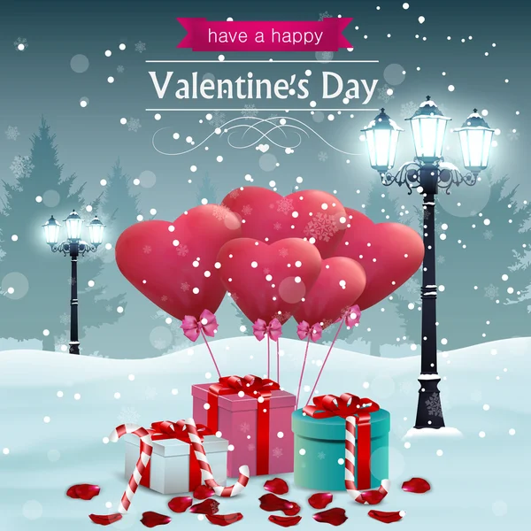 Belle carte Saint-Valentin avec lampadaires forme de coeur ballons et cadeaux — Image vectorielle