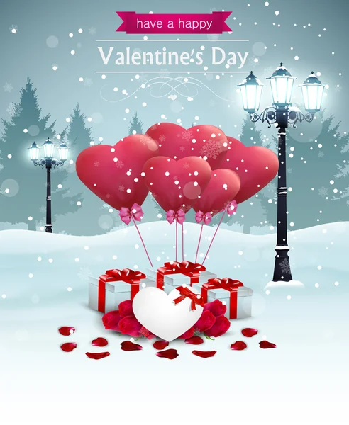 Belle carte Saint-Valentin avec lampadaires forme de coeur ballons — Image vectorielle