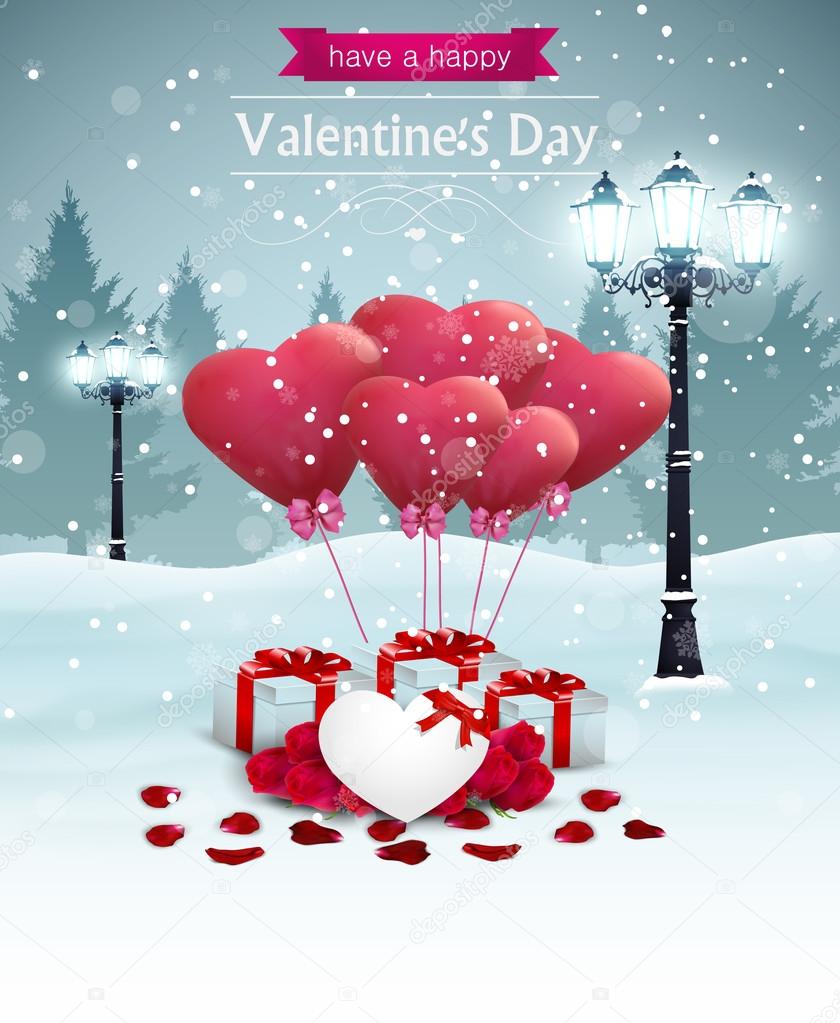 Beautiful Valentines day card width street lights heart shape balloons