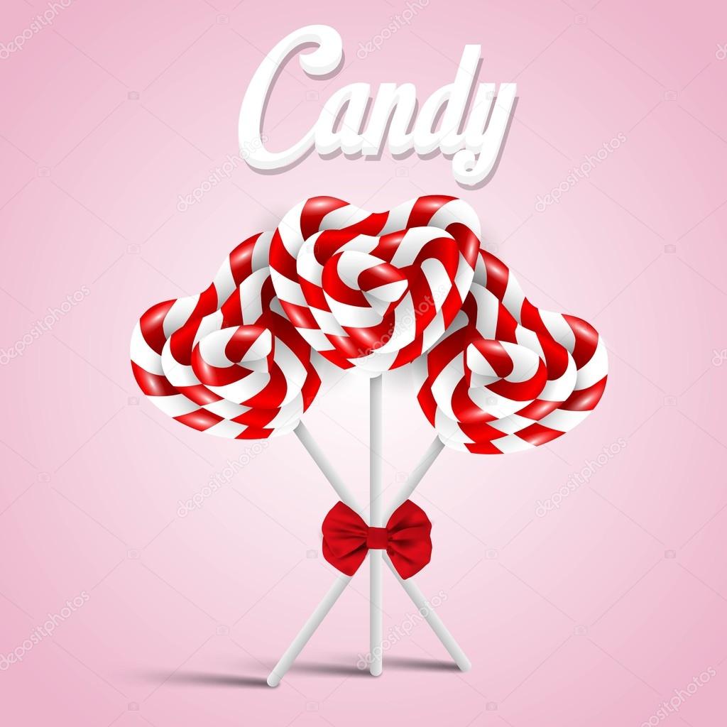 Heart shape candy lollipops with a bow. Vector illustration.