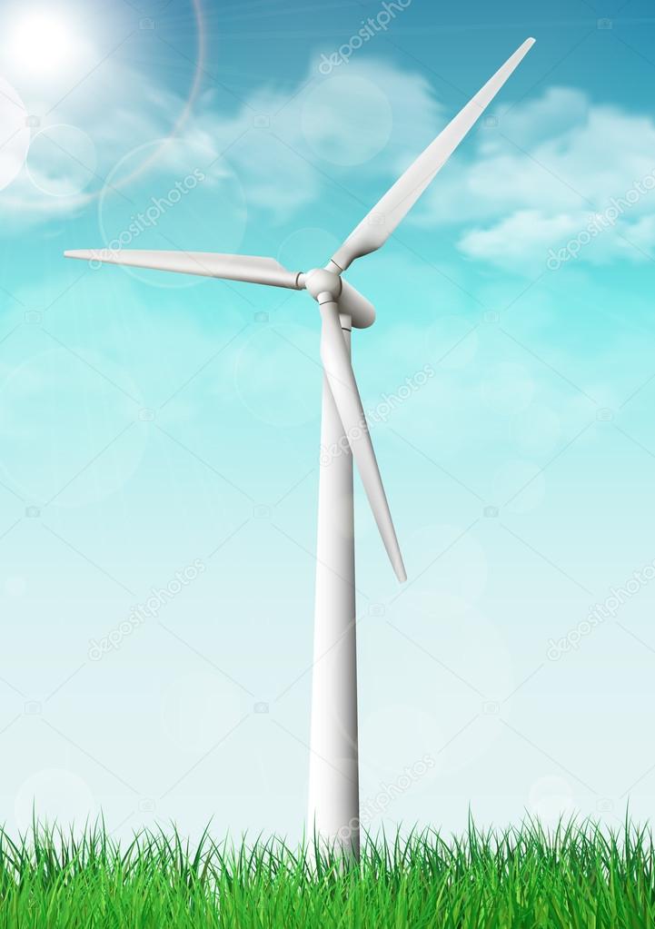 Wind turbine on a grass field sunny day