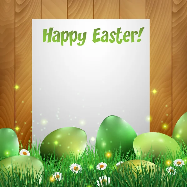 Grön påsk ägg med en trä bakgrund och vitt papper — Stock vektor