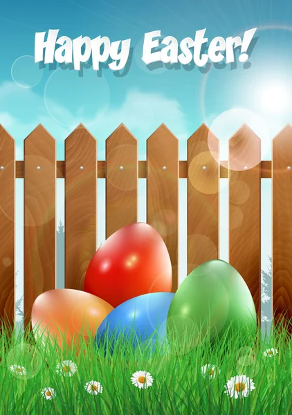 Πασχαλινή κάρτα με τα πασχαλινά αυγά και ξύλινο φράχτη — Διανυσματικό Αρχείο