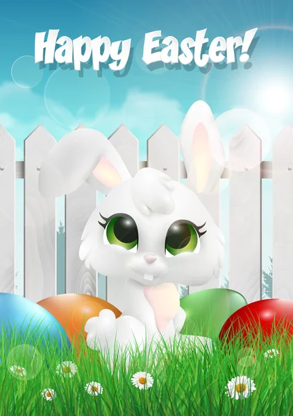 Пасхальний кролик сидить на траві серед великодніх яєць, білий дерев'яний паркан Векторна Графіка