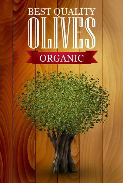 Étiquette olive avec olivier, fond bois — Image vectorielle