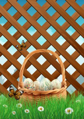 Bir ot bahçe çit ile eğe tarih Paskalya sepeti ile gerçekçi Paskalya yumurta