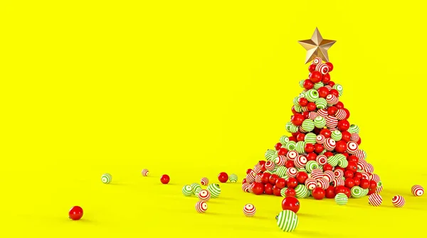 Christmas tree made of colorful balls on a yellow background. New Year concept. 3D rendering illustration. — Stock Photo, Image