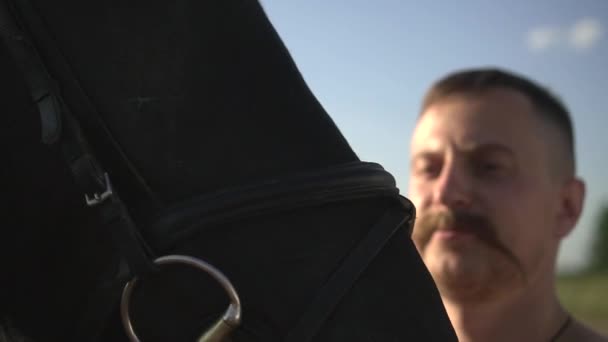 Ένας άντρας στέκεται κοντά σε ένα άλογο σε ένα χωράφι — Αρχείο Βίντεο