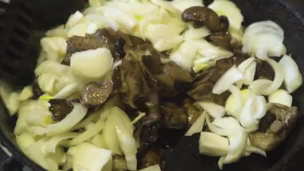 The cook stirred the mushrooms in the pan — Vídeo de stock