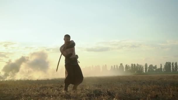 Ukrainische Kosaken kämpfen mit Säbeln auf dem Feld — Stockvideo
