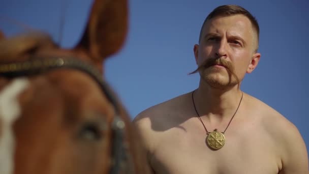 Cosaco ucraniano montar a caballo en el campo se ve lejos — Vídeos de Stock