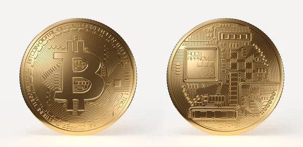 Golden bitcoin, both sides of a crypto currency coin isolated on a white background. 3D rendering illustration. — Stock fotografie