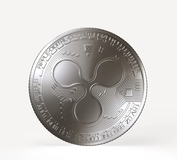 Moneda Crypto moneda de plata con símbolo de ondulación en el anverso aislado sobre fondo blanco. Ilustración de representación 3D. — Foto de Stock