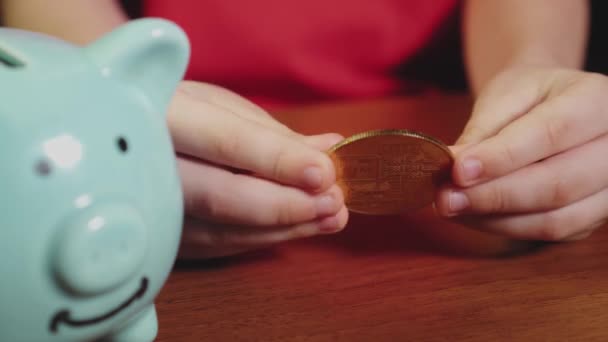 Barnet lägger ett bitcoin-guldmynt i en spargris — Stockvideo