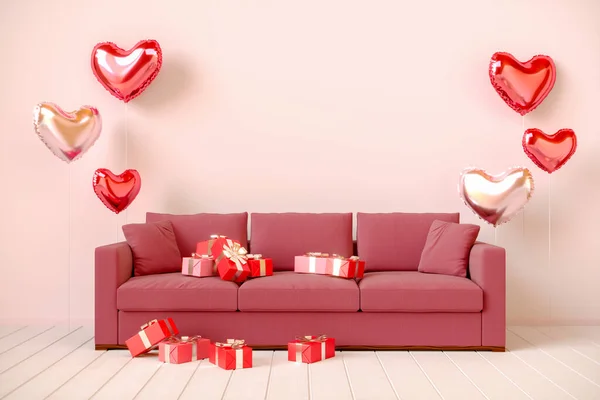 Interior rosa com presentes, balões em forma de coração e sofá. Dia dos namorados, ilustração de renderização 3D. — Fotografia de Stock