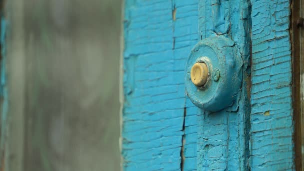 Frau drückt den Türklingelknopf an der alten blauen Tür.