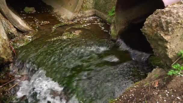 Water flows out of the pipe into the gutter. — Stock Video