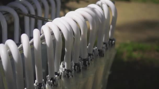 Sombrillas blancas en un sauce doblado cuelgan en el parque — Vídeo de stock