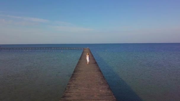 Ein Mädchen spaziert auf einem Holzsteg am Meer — Stockvideo