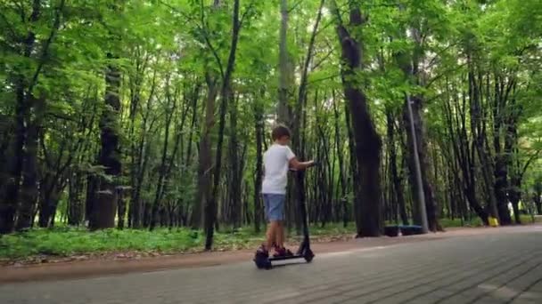Un niño monta un scooter en un parque de la ciudad — Vídeo de stock