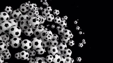 Tüm çerçeveyi dolduran ve şeffaf alfa kanalı kullanarak yavaşça eriyen futbol toplarının pürüzsüz animasyonu
