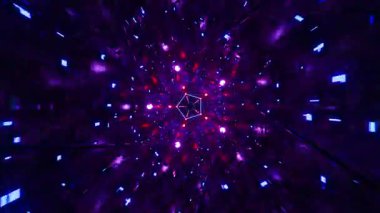 Parlayan neon ışıkları ve geometrik yapıları ileri doğru hareket eden fütürist bir bilim kurgu tünelinin kusursuz üç boyutlu animasyonu