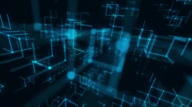 Gelecekçi Perspektifte Uçan Küplerin Mavi Dijital Izgarası. Döngülü 3B görüntüleme