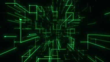 Yeşil Neon Kablo Çerçeve Hızlandırması Dijital Tünel aracılığıyla. Döngülü 3B görüntüleme