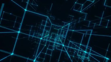 Mavi Neon Geometrik Şebeke Fütüristik Derinliğe Açılıyor. Döngülü 3B görüntüleme
