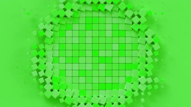 Parlak Yeşil Geometrik Küp Patlaması Dairesel Yapı Oluşturuyor. Döngülü 3B görüntüleme