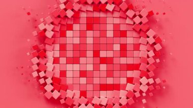 Kırmızı Soyut Küp Patlaması Yumuşak Dairesel Merkez Boşluğu Oluşturuyor. Döngülü 3B görüntüleme