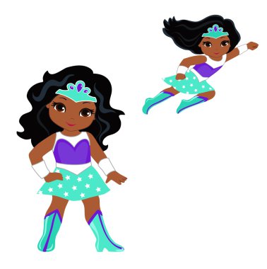 Şirin kız süper kahraman uçuş ve ayakta.