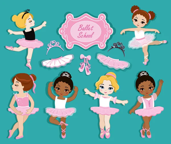 Ilustración vectorial de pequeñas bailarinas lindas. Zapatillas de Ballet. Clip art personajes lindos, tutus rosa, zapatos de ballet . Vector de stock