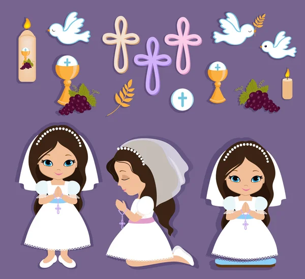 Set of design elements for First Communion for girls. — Stock Vector