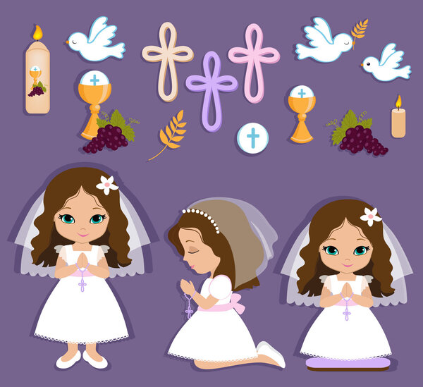 Set of design elements for First Communion for girls.