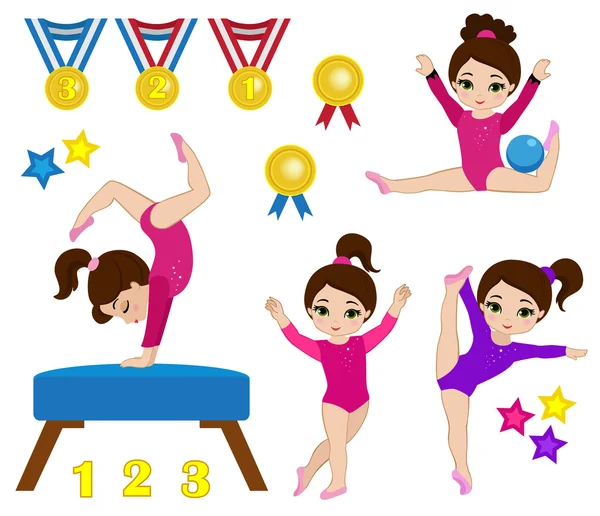 Roztomilé dívky gymnastika sada. Vektorové ilustrace. — Stockový vektor